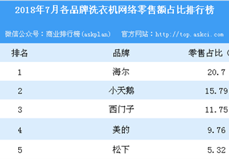 2018年7月各品牌洗衣机网络零售额占比排行榜