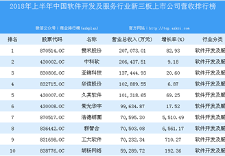 2018年上半年中国软件开发及服务行业新三板上市公司营收排行榜