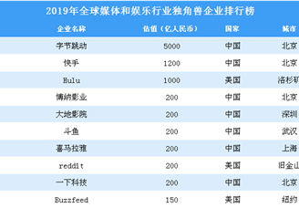 2019年全球媒体和娱乐行业独角兽企业排行榜