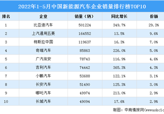 2022年1-5月中国新能源汽车企业销量排行榜TOP10（附榜单）