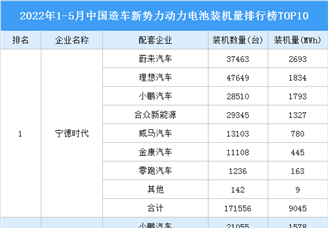 2022年1-5月中国造车新势力动力电池装机量排行榜TOP10（附榜单）