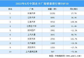 2022年6月中国皮卡厂商销量排行榜TOP10（附榜单）