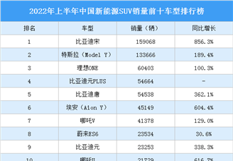 2022年上半年中国新能源SUV销量前十车型排行榜（附榜单）
