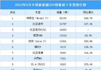 2022年6月中国新能源SUV销量前十车型排行榜（附榜单）