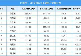 2022年1-5月全国各省市铝材产量排行榜