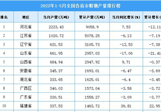 2022年1-5月全国各省市粗钢产量排行榜