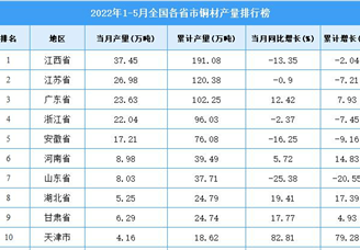 2022年1-5月全国各省市铜材产量排行榜