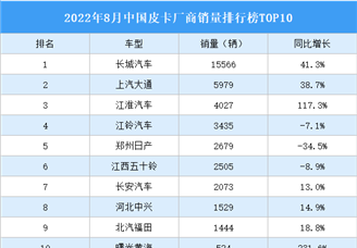 2022年8月中国皮卡厂商销量排行榜TOP10（附榜单）