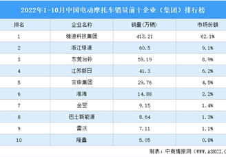 2022年1-10月中国电动摩托车销量前十企业（集团）排行榜（附榜单）