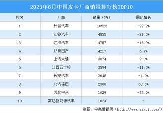 2023年6月中国皮卡厂商销量排行榜TOP10（附榜单）