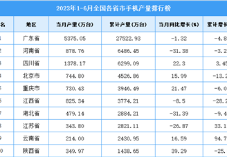 2023年上半年全国各省市手机产量排行榜