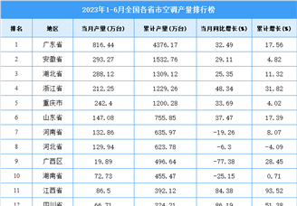 2023年上半年全国各省市空调产量排行榜