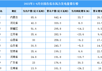 2023年上半年全国各省市风力发电量排行榜