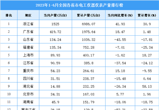 2023年上半年全国各省市电工仪器仪表产量排行榜