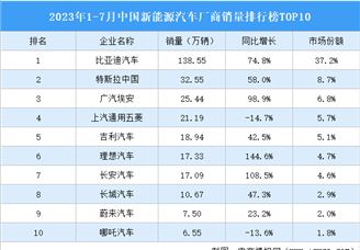 2023年1-7月中国新能源汽车厂商销量排行榜TOP10（附榜单）