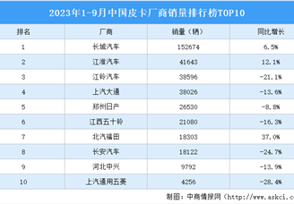 2023年1-9月中国皮卡厂商销量排行榜TOP10（附榜单）