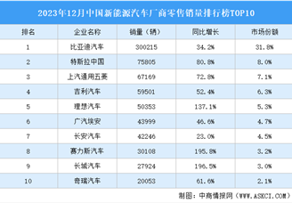 2023年12月中国新能源汽车厂商零售销量排行榜TOP10（附榜单）