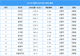 2023年合肥市各区县GDP排名情况（附榜单）