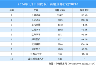 2024年1月中国皮卡厂商销量排行榜TOP10（附榜单）