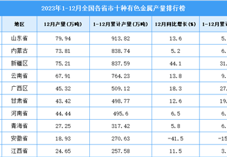 2023年全国各省市十种有色金属产量排行榜