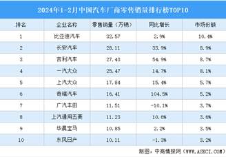 2024年1-2月中国汽车厂商零售销量排行榜TOP10（附榜单）