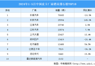 2024年1-5月中国皮卡厂商销量排行榜TOP10（附榜单）