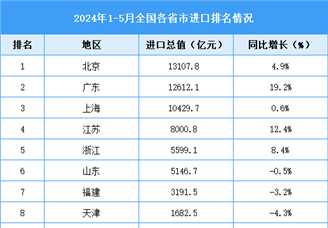 2024年1-5月全国各省市进口排名情况（附榜单）