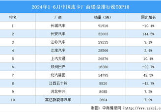 2024年1-6月中国皮卡厂商销量排行榜TOP10（附榜单）